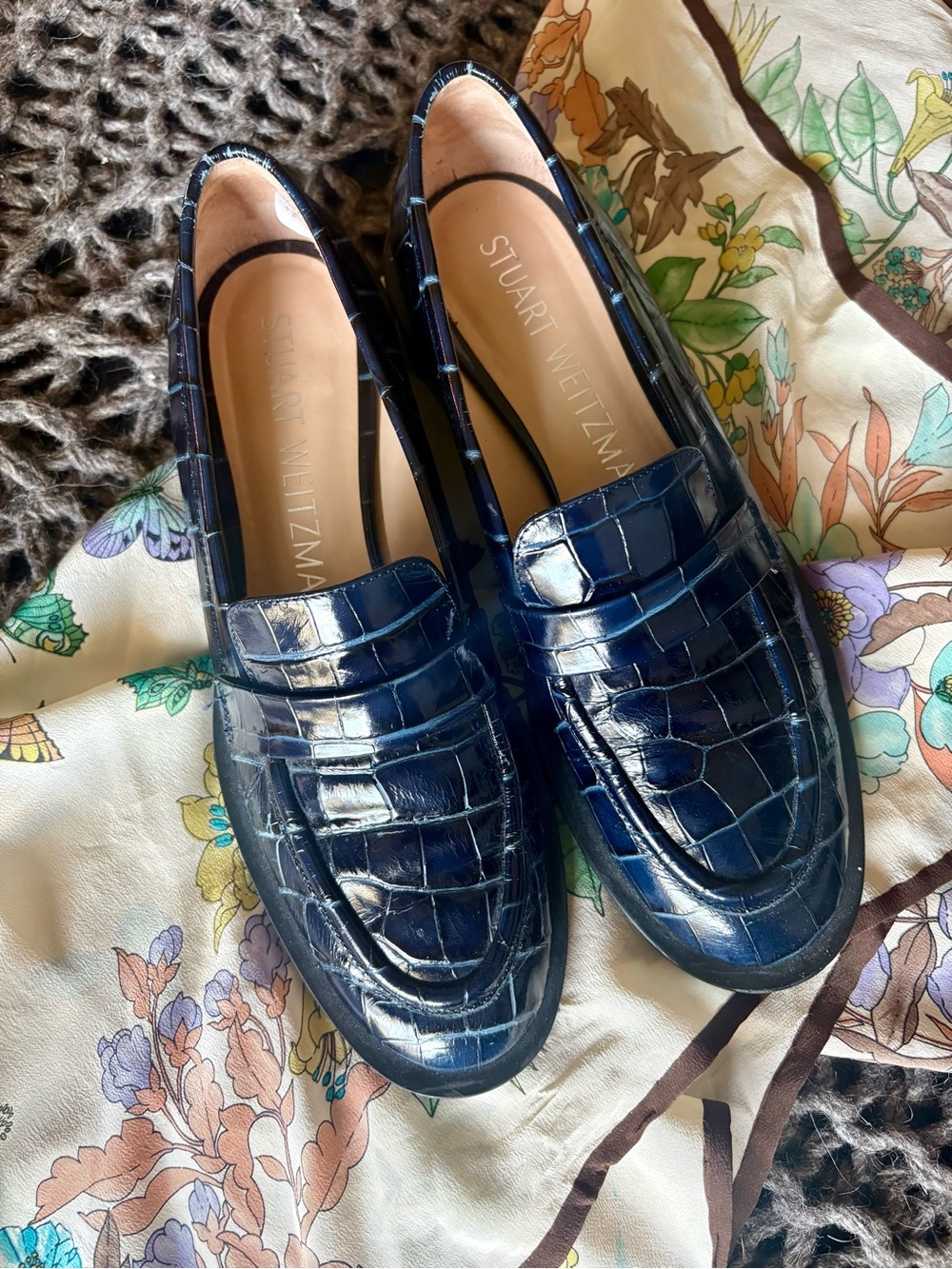Stuart Weitzman Palmer Sleek Blue Croc-Embossed Penny Loafers
